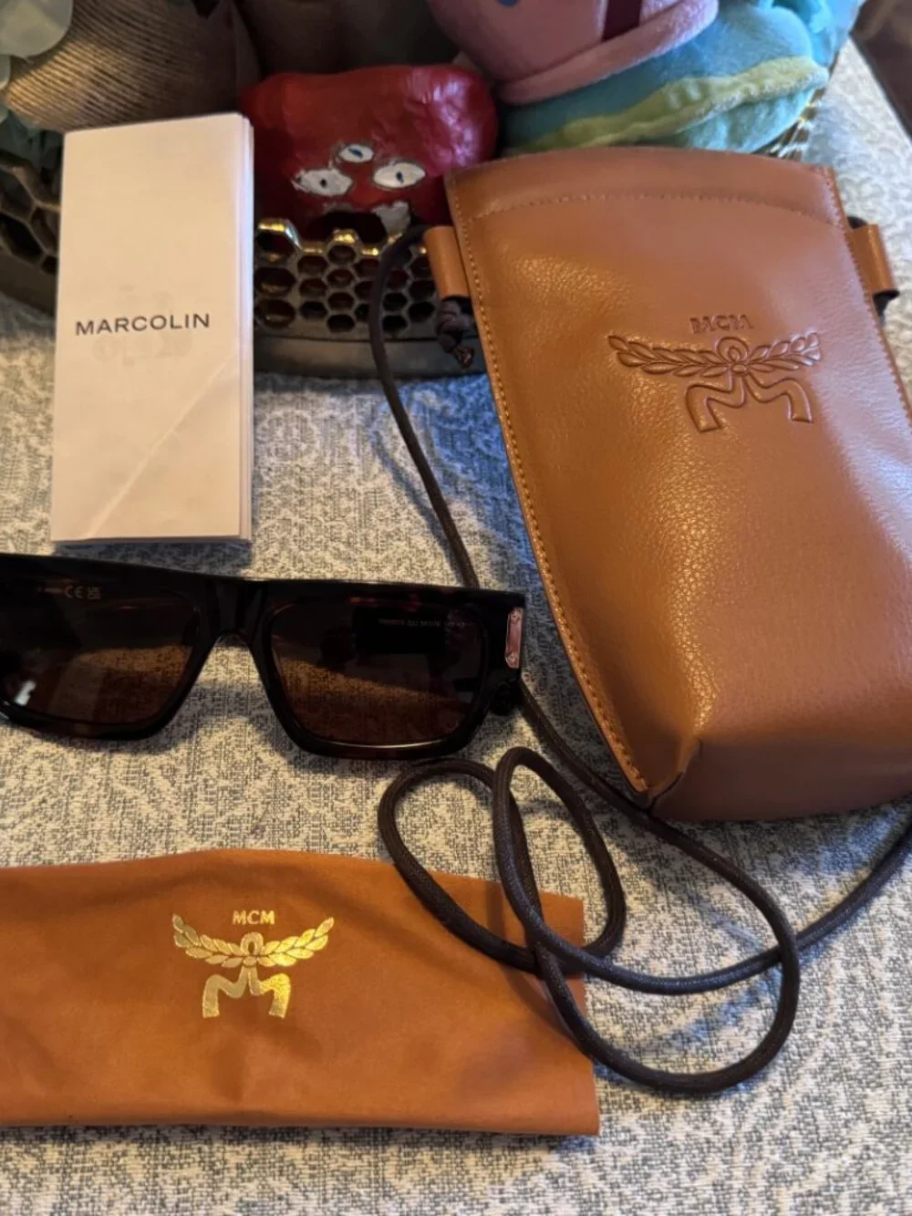 NWT MCM Unisex Square Sunglasses Full Set + Cognac Crossbody Pouch Case
